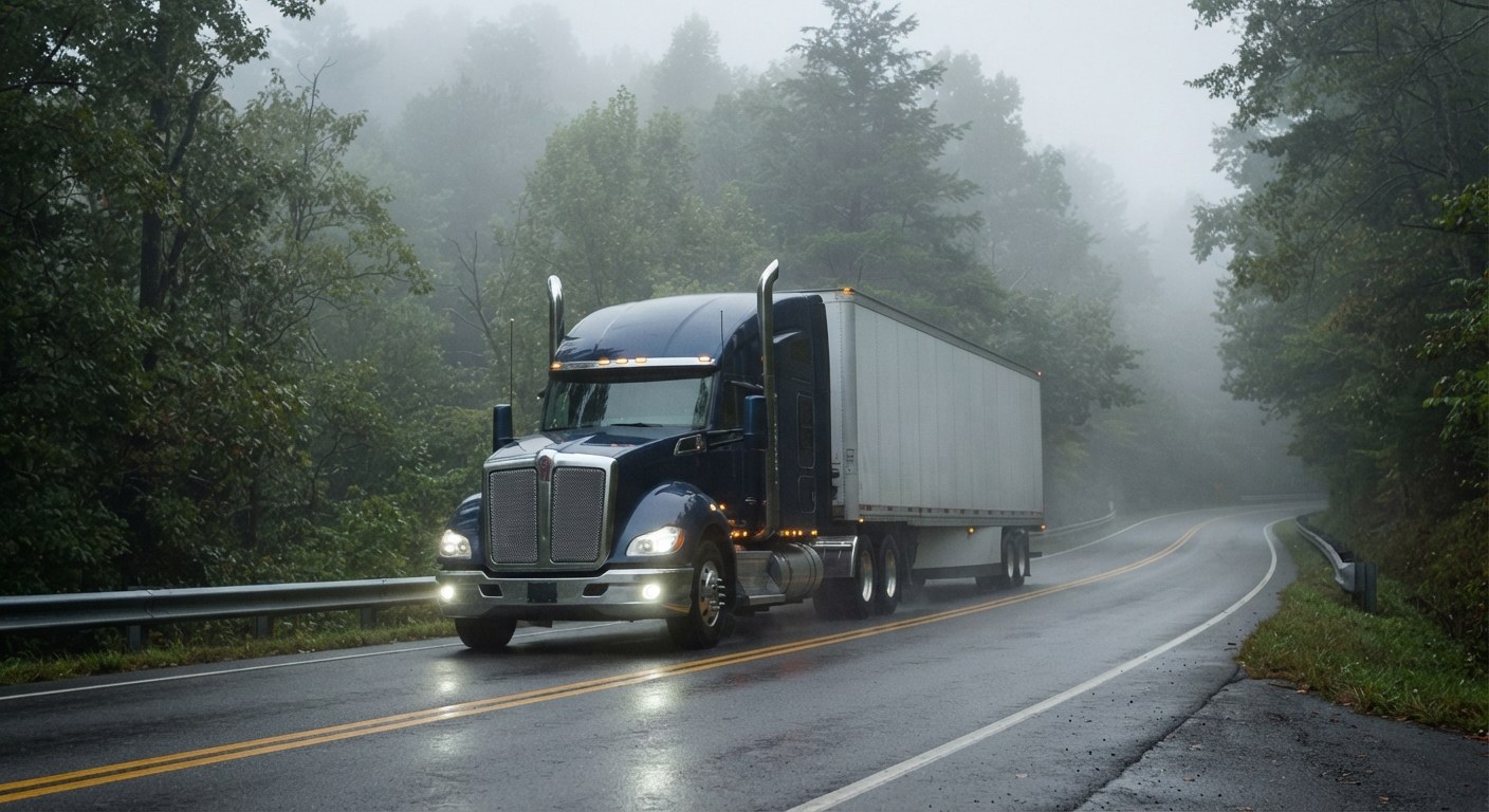 Tractor trailer on a wet road through a misty forest